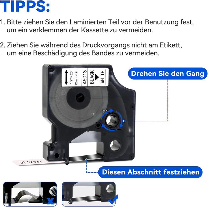 UNOKA 45013 12mm x 7m Kompatibel Schriftband Ersatz für Dynmo D1 12mm 45013s S0720530 Schwarz auf We