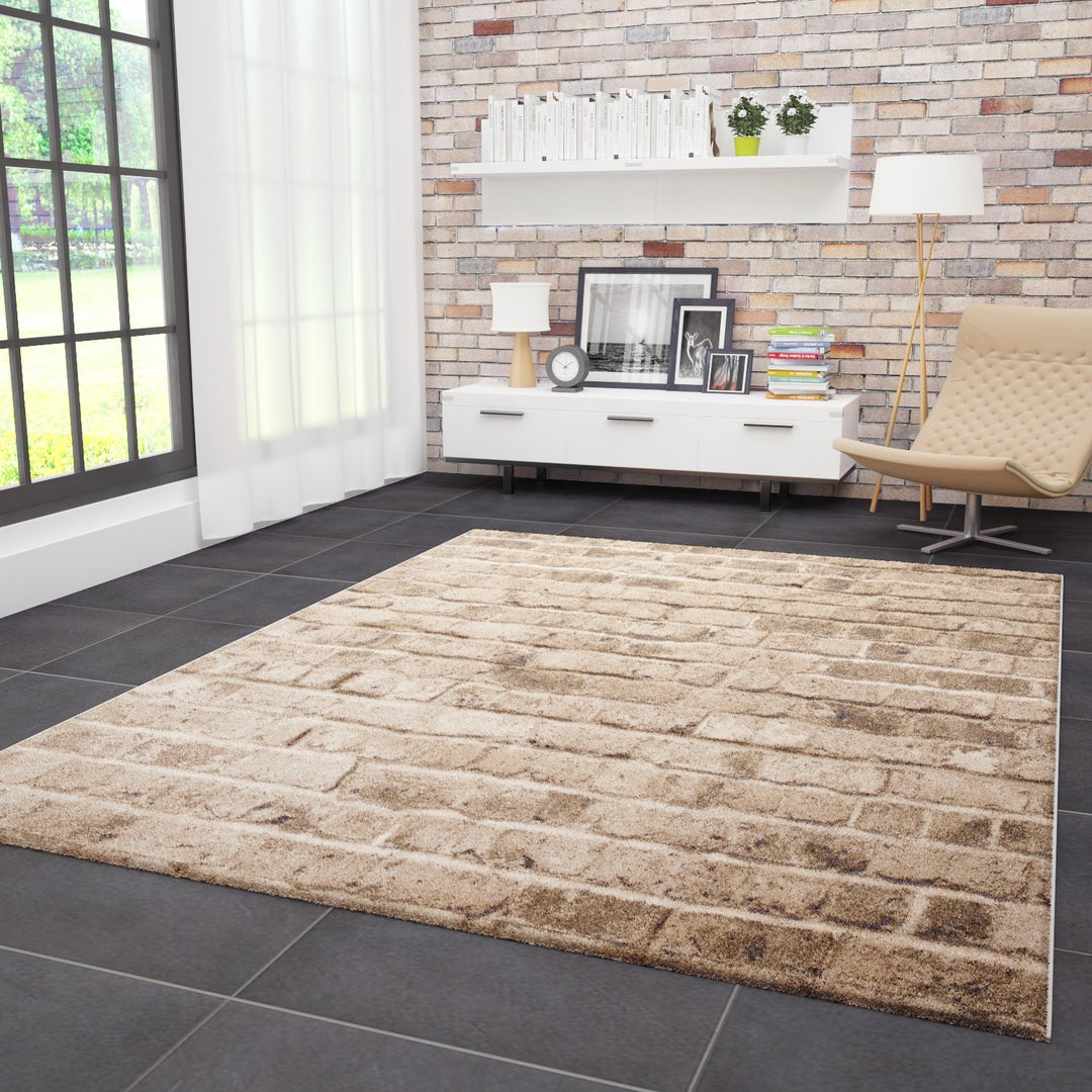 VIMODA Moderner Teppich Stein Optik Mauer Muster Strapazierfähig in Braun, Masse:80 x 150 cm 80 x 15