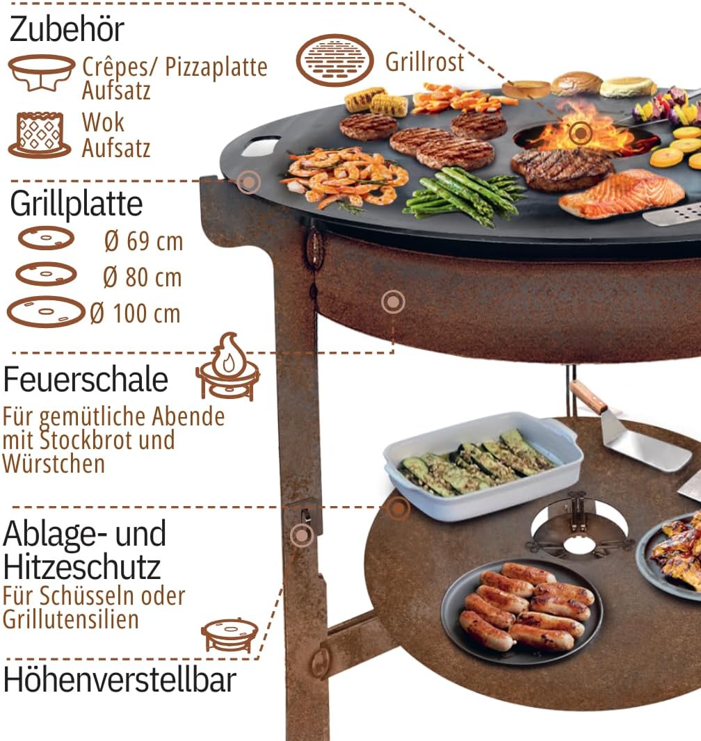 Terma Feuerschale mit Feuerplatte 69-80-100cm -Der Neue Grill Trend- Plancha Grillplatte feuertonne