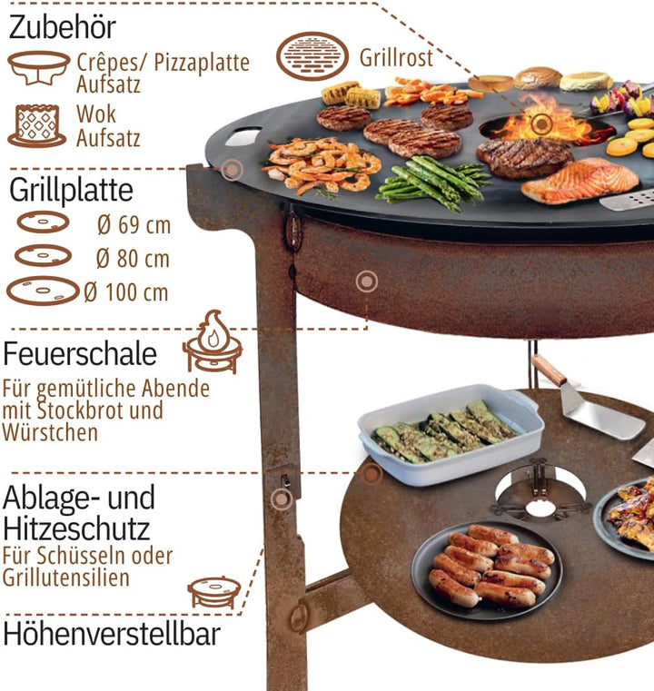 Terma Feuerschale mit Feuerplatte 69-80-100cm -Der Neue Grill Trend- Plancha Grillplatte feuertonne