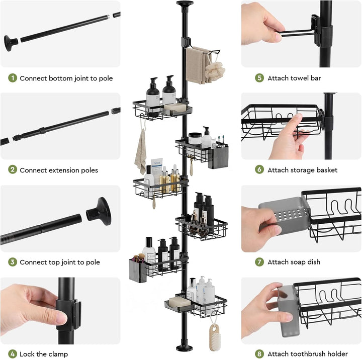 EXLECO Teleskop Duschregal mit 6 Duschkorb, Ohne Bohren, 78-308cm, Schwarz | Teleskopregal Bad verst