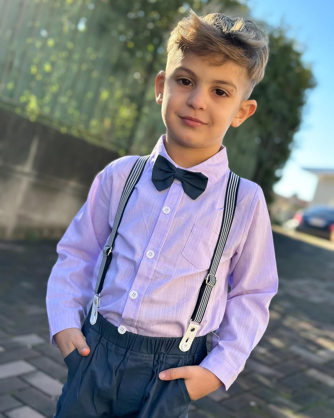 Volunboy Baby Jungen Anzug Set Bekleidung Hemd mit Fliege + Hosenträger Hosen Strampler Anzug 12-18