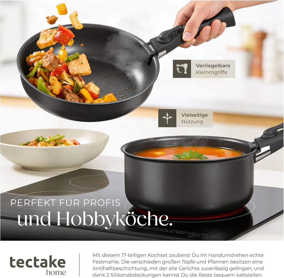 tectake® 47-tlg. Küchenstarterset, Steingut Geschirrset 6 Personen, Tassen, Teller Set, 2x Kochtopf,