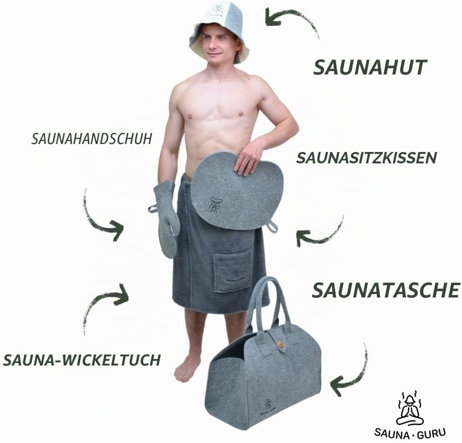 Sauna-Zubehör-Set – Woll-Banja-Hut, Kilt-Handtuch, Aufbewahrungstasche, Filzhandschuh &amp; Sitzkissen –