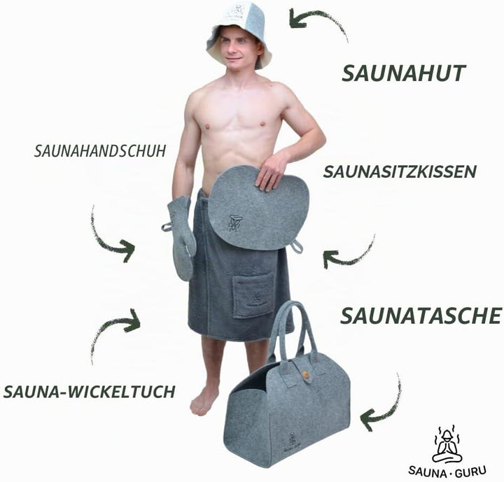 Sauna-Zubehör-Set – Woll-Banja-Hut, Kilt-Handtuch, Aufbewahrungstasche, Filzhandschuh &amp; Sitzkissen –
