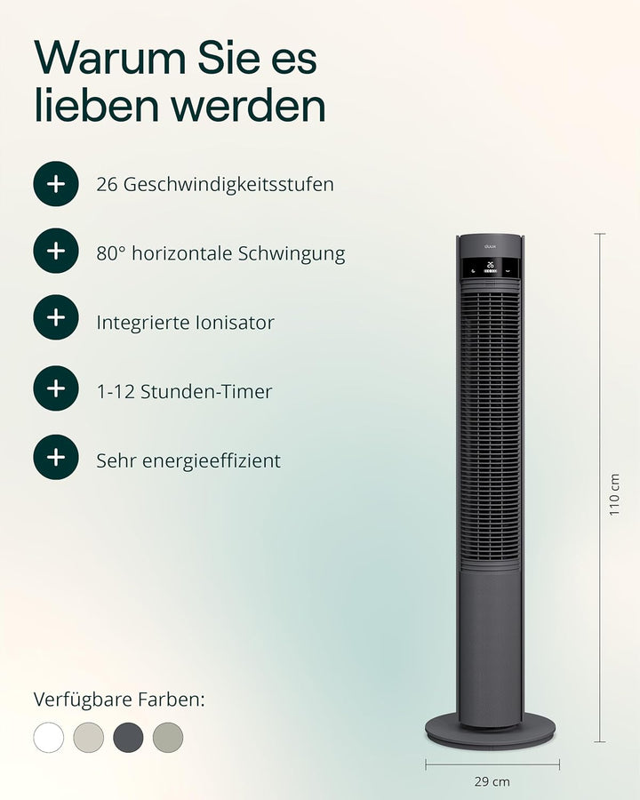 Duux Elevate Turmventilator – 12 Geschwindigkeiten, 80° Oszillation, Nur 25 dB, Ionisator, Timer (1–