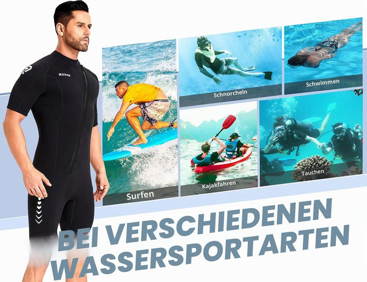 ZCCO Herren Shorty Neoprenanzuge 3 mm Neopren Damen Frontreissverschluss Tauchanzug zum Tauchen Schw