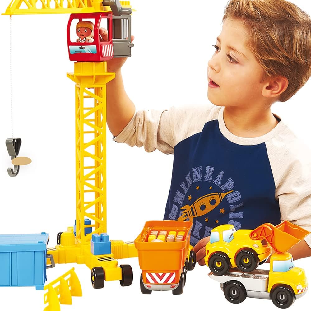 Ecoiffier – Abrick Baustellen Spielset – mit Kran, Baustellenfahrzeugen, LKW, Bausteinen, Schildern,