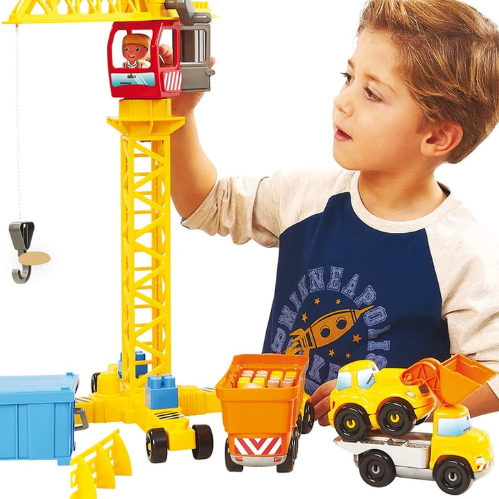 Ecoiffier – Abrick Baustellen Spielset – mit Kran, Baustellenfahrzeugen, LKW, Bausteinen, Schildern,