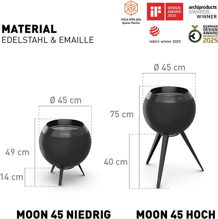 höfats - Moon 45 All Black Feuerschale mit hohem Fuss - emaillierter, raucharmer, schwarzer Feuerkor