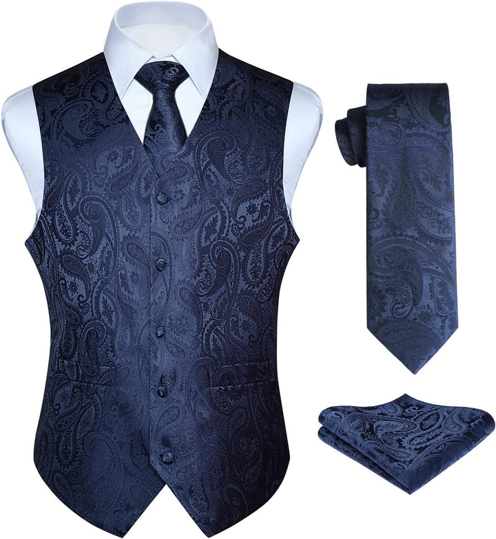 HISDERN Herren Weste Paisley Floral Jacquard Krawatte Einstecktuch Taschentuch Weste Anzug Set XS Ma