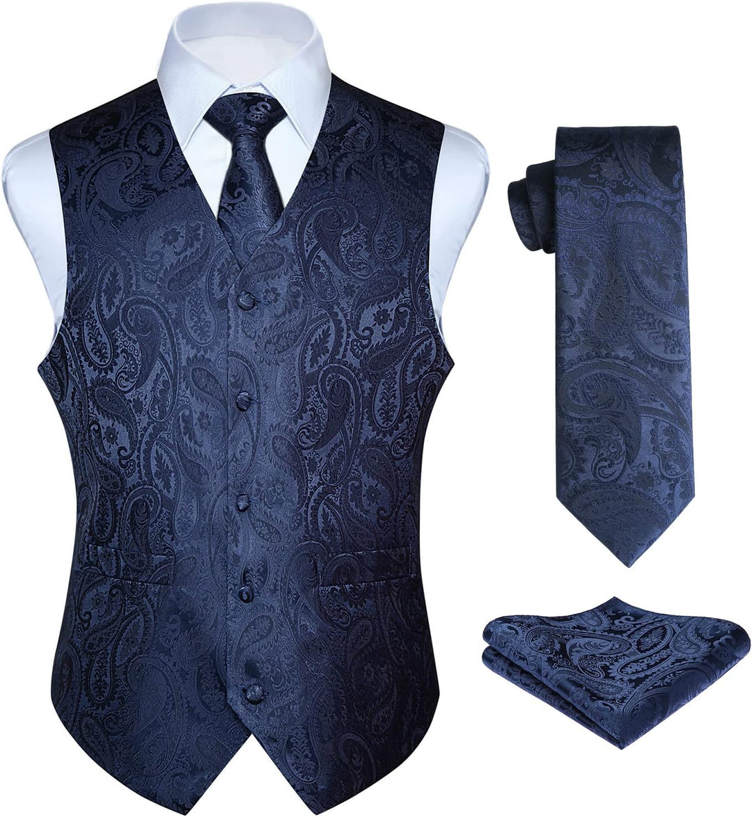 HISDERN Herren FLoral Hochzeit Weste Krawatte Einstecktuch Taschentuch Jacquard Weste Anzug Set S Ma