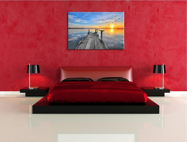 schäner Steg mit Möwen schwarz/weiss Format: 100x70 auf Leinwand, XXL riesige Bilder fertig gerahmt