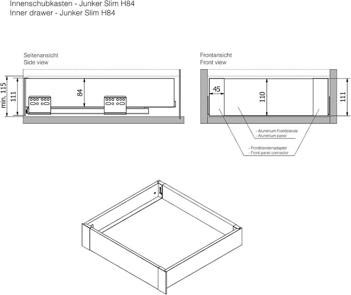 Schubkastensystem JUNKER-SLIM weiss Höhe: 84 mm Tiefe: 550 mm Soft-Close JUNKER-SLIM Tiefe 550 mm, J