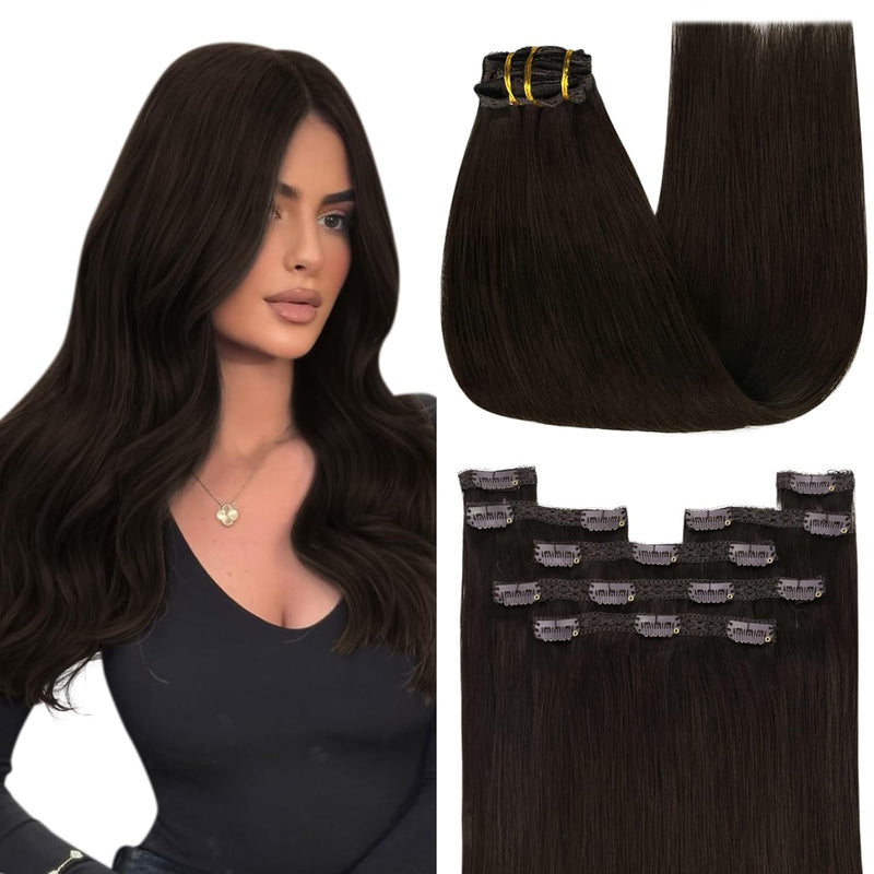 YoungSee Echthaar Extensions Clip Braun Clip in Extensions Echthaar Dunkelbraun 45 cm Clip in Extens