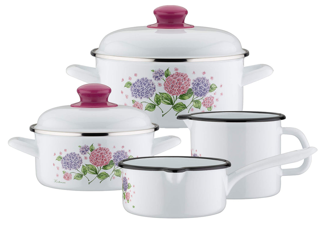 GSW 189972 Kochtopf-Set Hortensie 6-tlg, Stahl-Emaille, Kunststoff, weiss