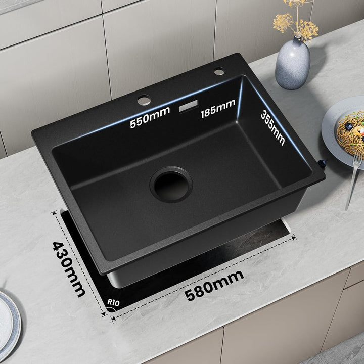CECIPA Spülbecken Schwarz Granit 60 x 45 cm, Küchenspüle mit Siebkorb, Waschbecken Küche, Spüle Schw