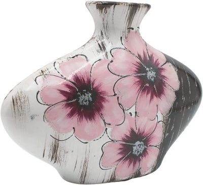 Ovale Keramik Vase mit Blumen-Dekor, schwarz-rosa, Handarbeit, GrösseL/B/H ca. 7 x 30 x 20 cm Rosa B