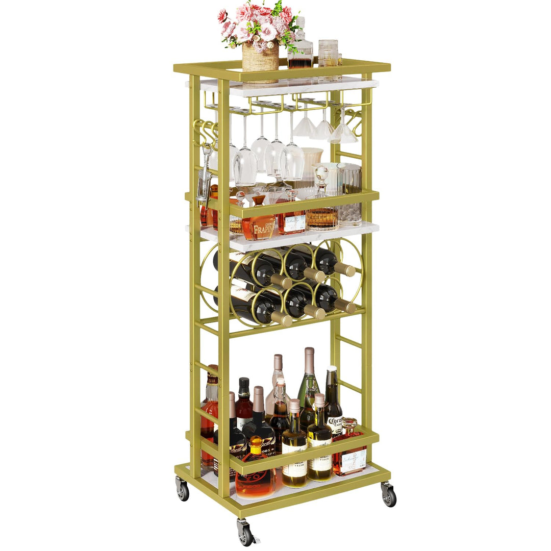 IBUYKE 4 Ebenen Weinregal mit Rollen,Freistehend Weinregal, Barwagen für Spirituosen, Whisky und Wei