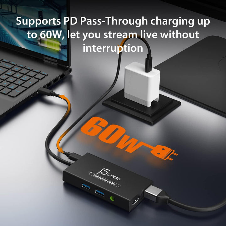 j5create Video Capture Card mit PD 60W Pass-Through Charging, integrierter Multifunktions-Hub, geeig