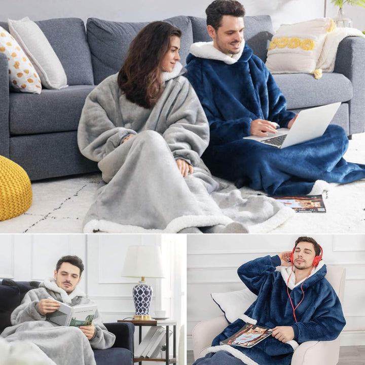 FEELJAM Decke Hoodie Decke mit Ärmeln und Kapuze Marineblaue Wolldecke mit Ärmeln tragbare Decke für