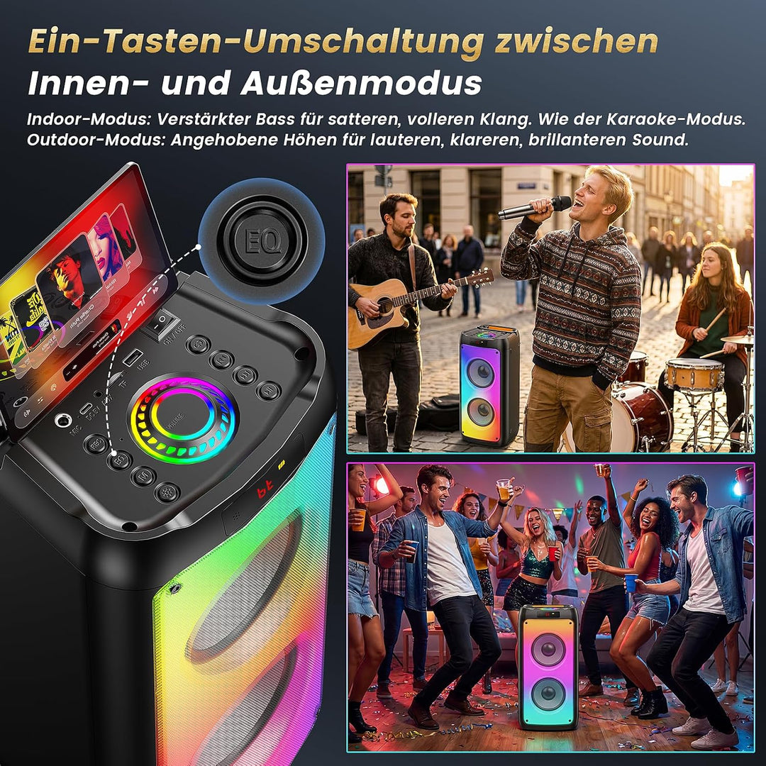 HWWR Karaoke Maschine mit 2 drahtlosen Mikrofonen tragbarem Bluetooth-Lautsprecher RGB-Licht, Schwar