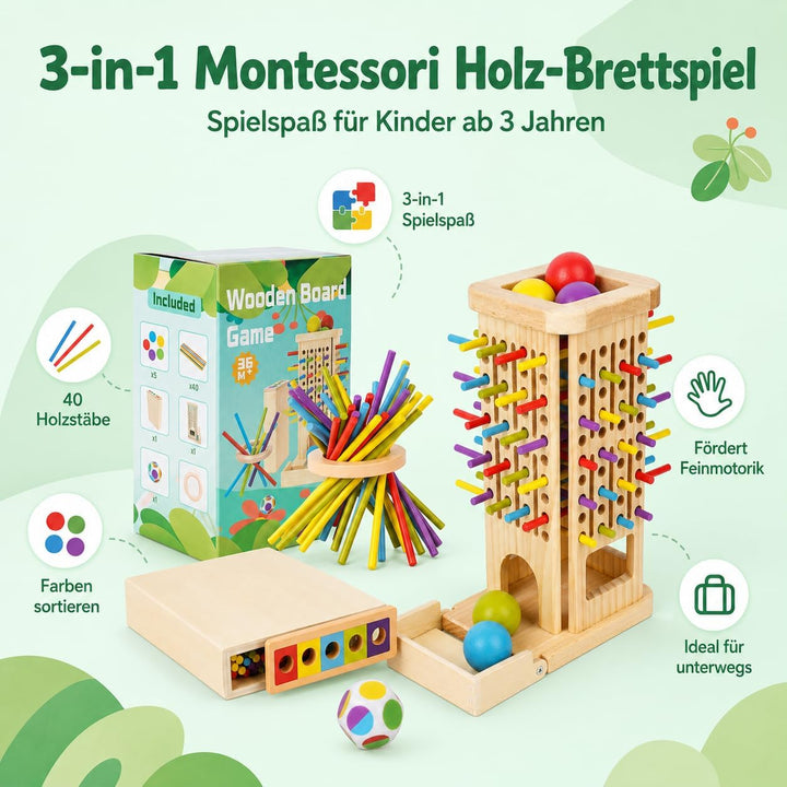 3-in-1 Montessori Spielzeug ab 3 Jahre, Holz Brettspiel mit Stäben | 40 Holzstäbe, Holzbox, Kugelfal