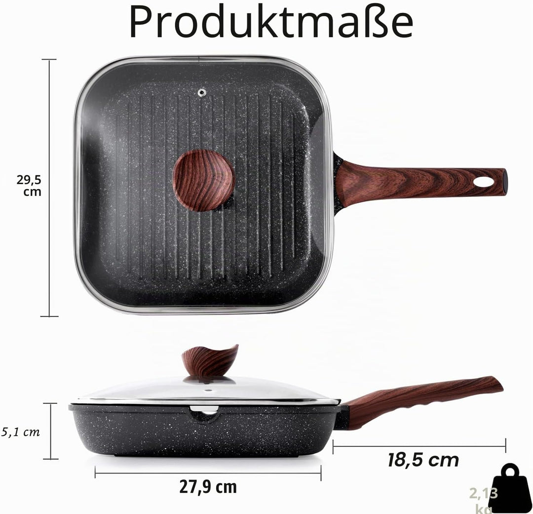 Kordisen Grillpfanne Induktion 28 cm mit Deckel – Grillpfanne mit Ausguss &amp; Steakpfanne quadratisch,