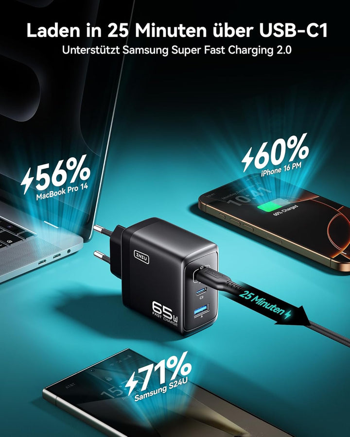 INIU 65W USB C Ladegerät, [USB-C * 2 + USB-A] Netzteil Mehrfach mit USB-C Kabel, PD 3.0 Schnellladeg