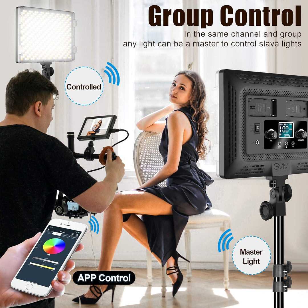 GVM RGB Videolicht Panel mit Lichtstativ Set, 2er Pack 50W LED Fotolicht mit APP Steuerung, 3200K-56