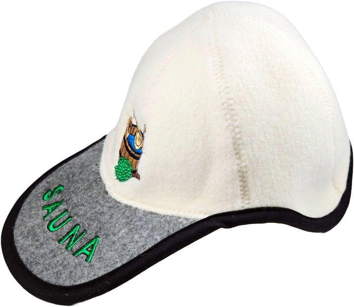 SAUNA Saunahut, Baseballkappen-Form, 100% Schafwolle, Weiss-Grau, mit Saunatub-Stickerei