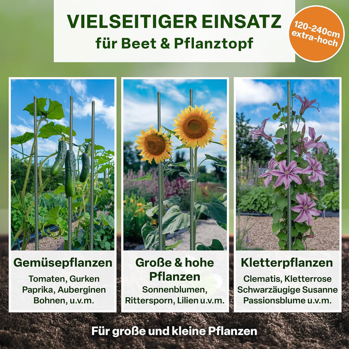TTL GARDEN Rankstäbe 15er Set 240 cm x 11mm Ø grün + Klettband &amp; Clips | - Rankhilfe Pflanzstäbe Sta