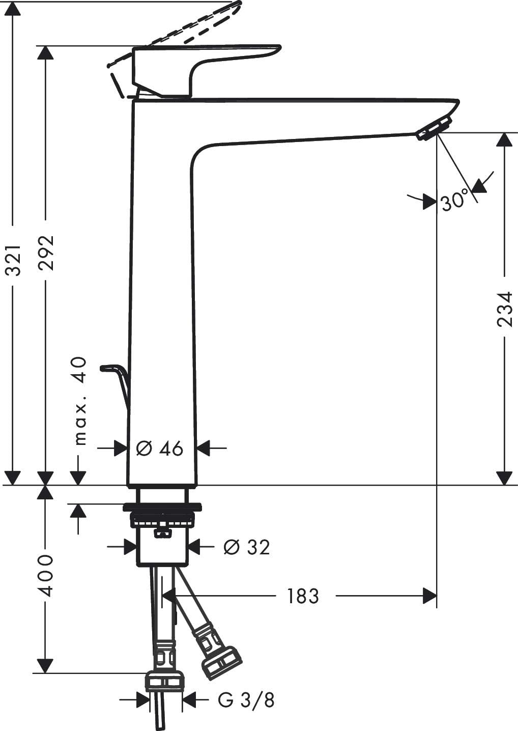 hansgrohe Wasserhahn Talis E (wassersparende Armatur mit hohem Auslauf 240mm, Zugstangen- Ablauf), P