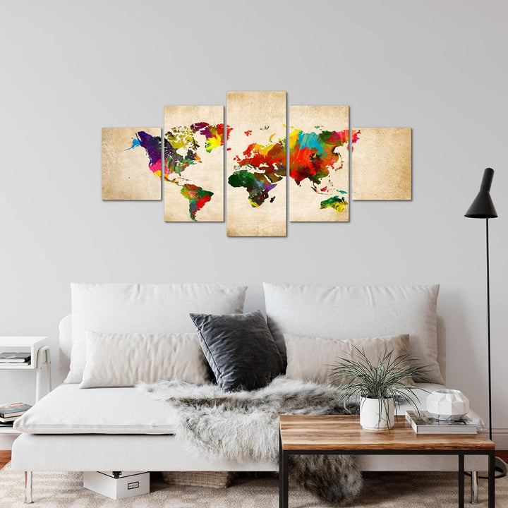 Runa Art Wandbilder Weltkarte 5 Teilig Bild auf Vlies Leinwand Deko Büro Wohnzimmer Kontinente Landk