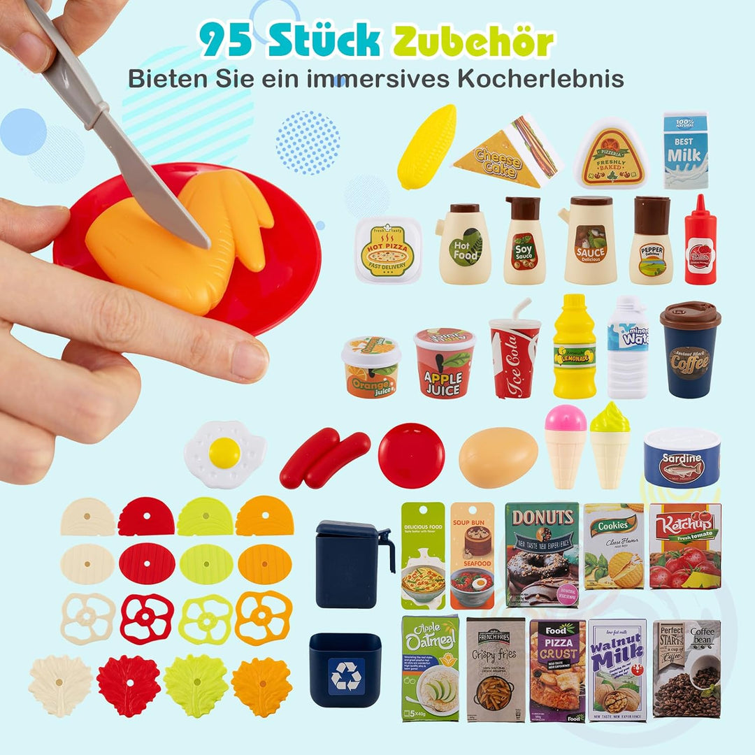 COSTWAY Kinderküche mit 95 Zubehör, Spielküche mit Licht, Sound & Dampf, Kinder Küche mit Kochherd,