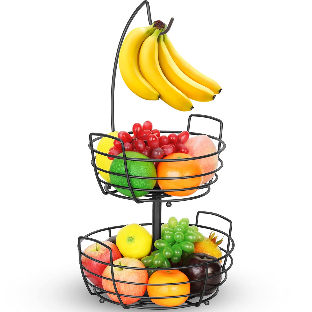 Obstkorb 2 Stöckig mit Bananenhaken - Metall Obststaender für die Arbeitsfläche - Küche Deko Obstsch