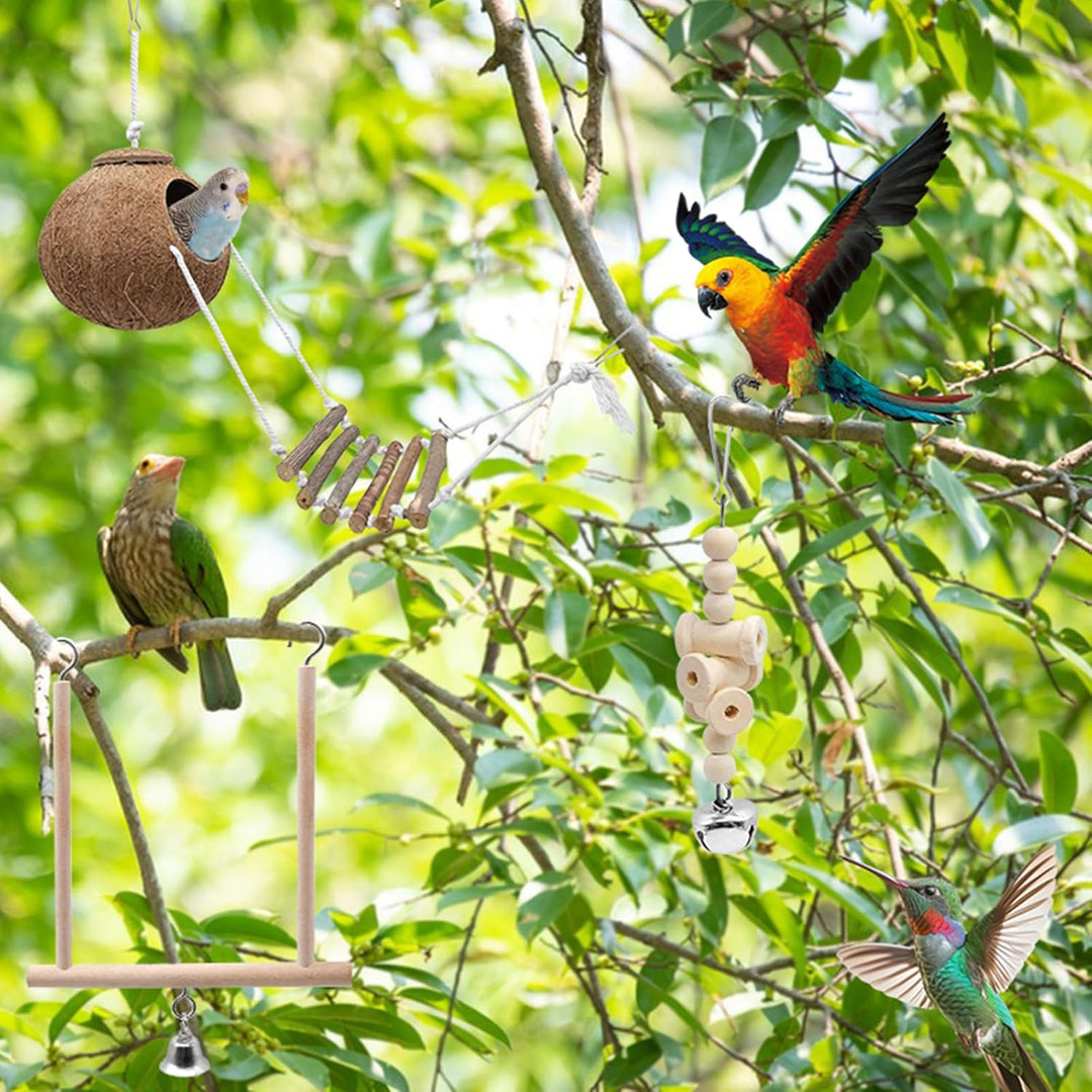Vogelspielzeug, 7 Stück Vogelspielzeug zum Aufhängen, Käfigzubehör mit Kokosnusshütte, Schaukel, Lei