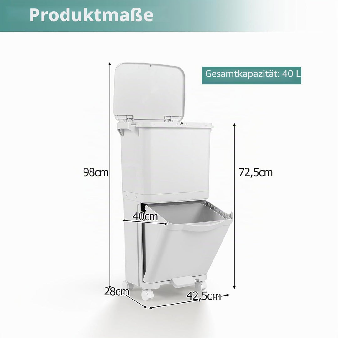 LIFEZEAL 40 L Abfalleimer Küche, Mülleimer auf Rädern mit 2 Ebenen, Abfallbehälter mit Pedal & neigb