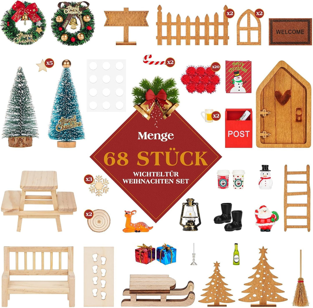 68 Stück Wichteltür Set Weihnachten – Wichtel Set mit Zubehör DIY Deko Komplettset aus Holz & Kunsts