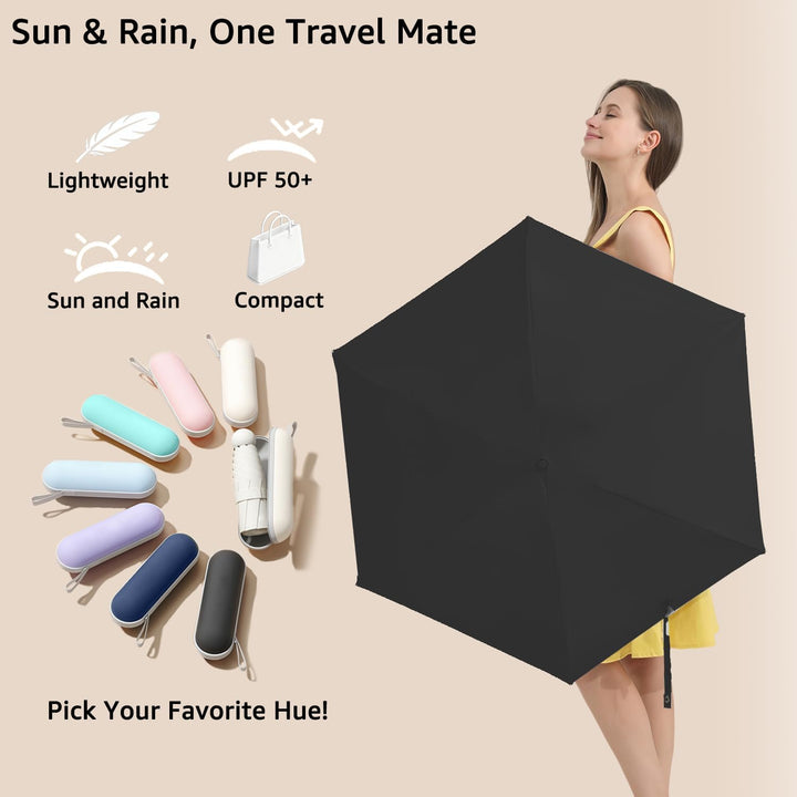 BAODINI Reise-Mini-Regenschirm für Geldbörse mit Etui – kleiner kompakter UV-Regenschirm, Sonnenschu