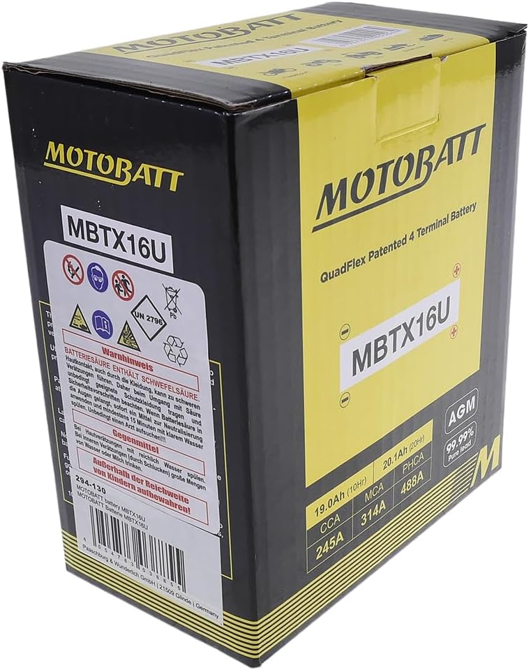 MOTOBATT Batterie MBTX16U, 4â Pin 12Â V 19â AH 151 x 87 x 161â mm