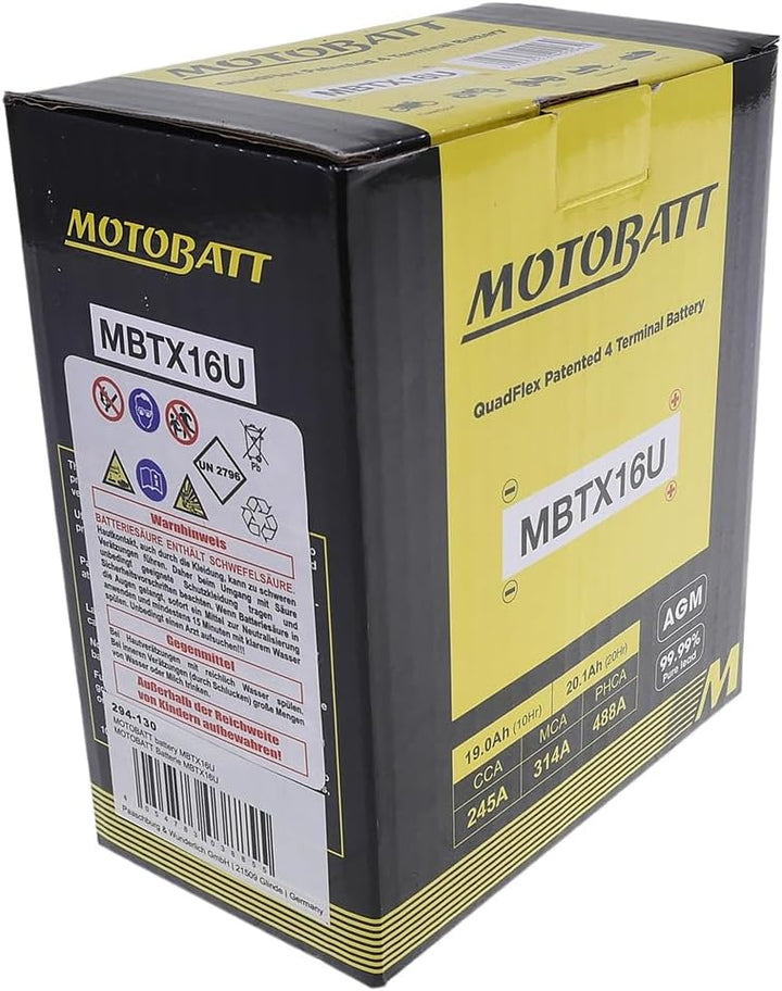 MOTOBATT Batterie MBTX16U, 4â Pin 12Â V 19â AH 151 x 87 x 161â mm