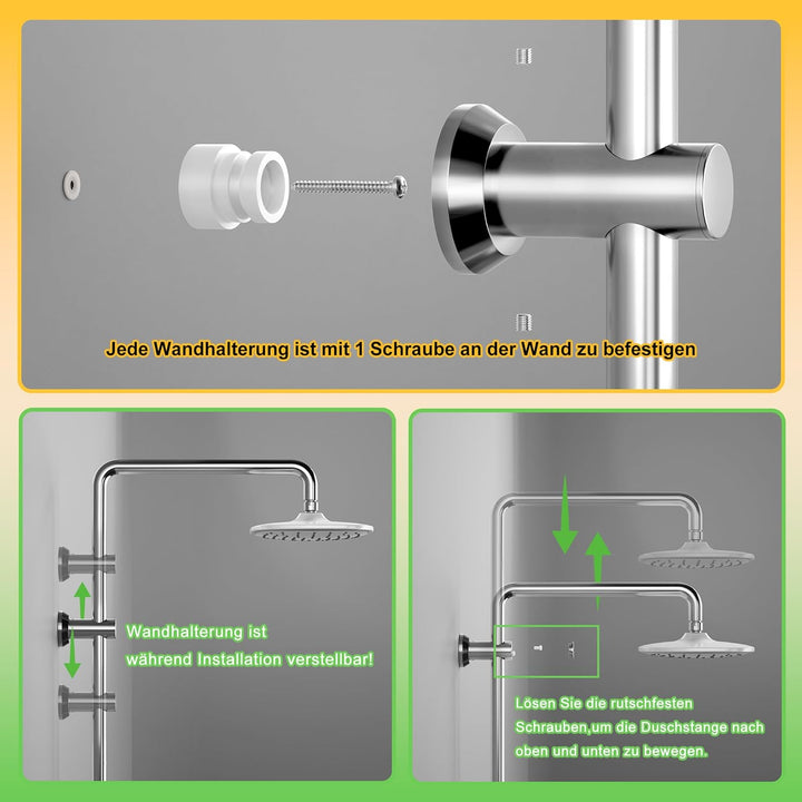 Florenta Regendusche Duschsystem Chrom Duschset mit Edelstahl Duschstange und ABS Kopfbrause, Handbr