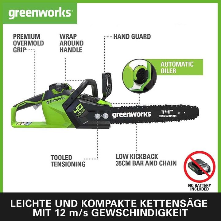 Greenworks GD40CS15 Akku Kettensäge mit bürstenlosem Motor, 14-Zoll (35 cm) Blattlänge, 12 m/s Kette