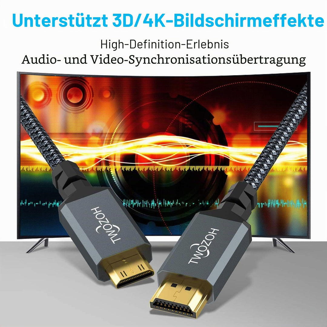 Twozoh Mini HDMI auf HDMI Kabel 5M, geflochtenes HDMI auf Mini HDMI Kabel, unterstützt 3D, 4K/60Hz,