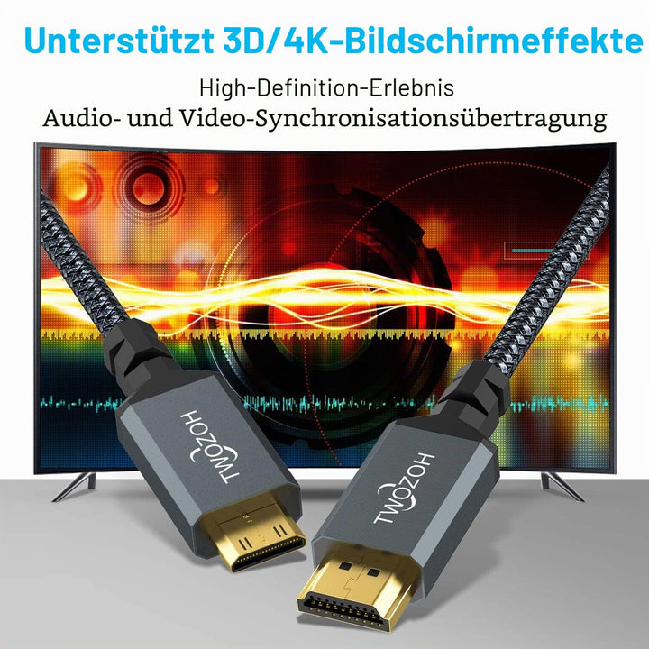 Twozoh Lang Mini HDMI auf HDMI Kabel 7,5M, geflochtenes HDMI auf Mini HDMI Kabel unterstützt 3D, 4K/