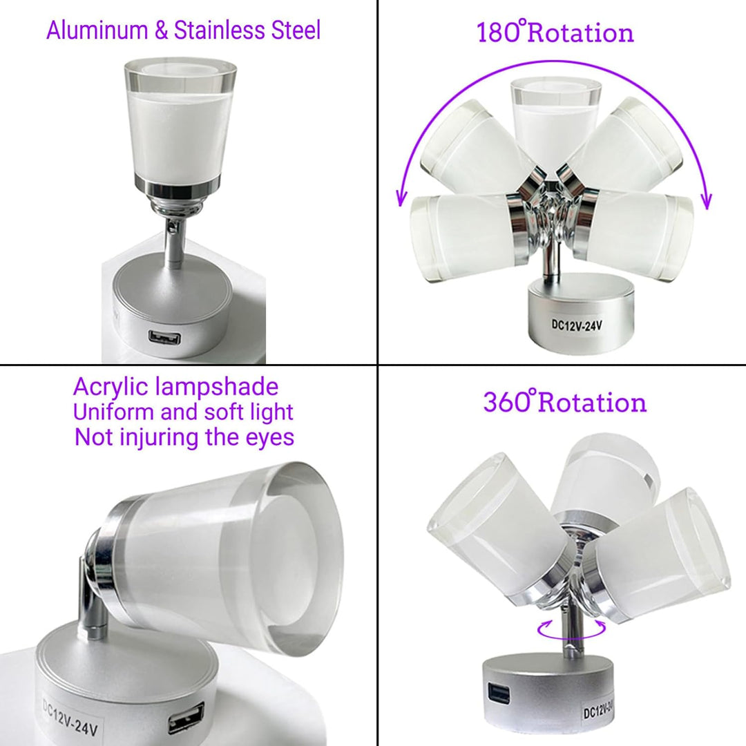 Intckwan 12 Volt Led Lampen Wohnmobil, 12v LED Leselampe Wohnwagen mit USB, 3W, Taktile Dimmschalter