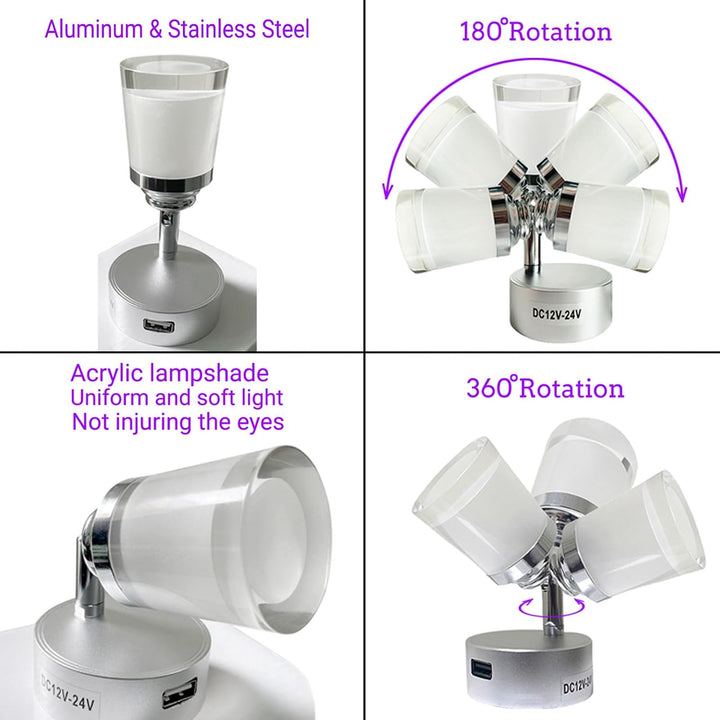 Intckwan 12 Volt Led Lampen Wohnmobil, 12v LED Leselampe Wohnwagen mit USB, 3W, Taktile Dimmschalter