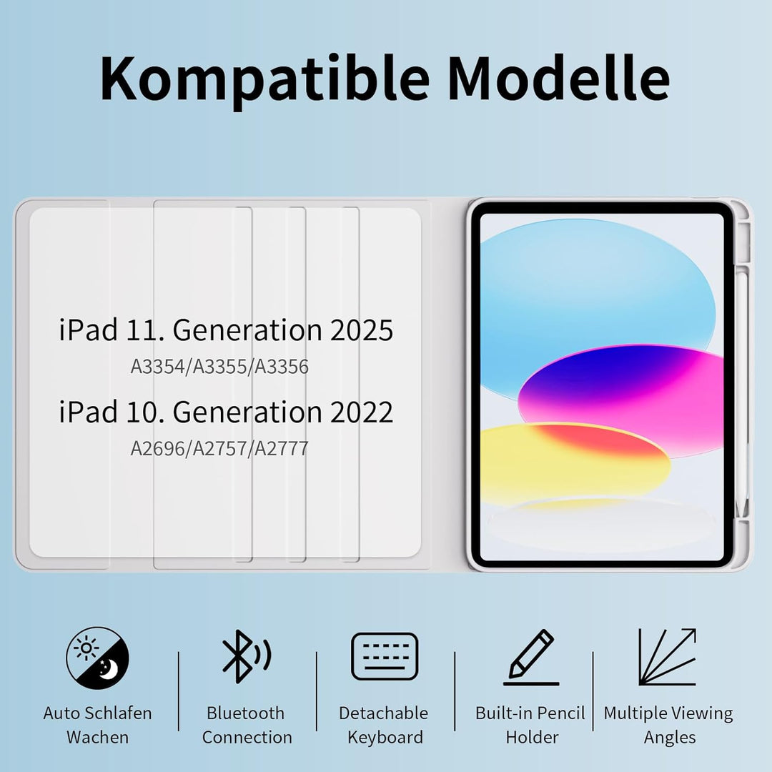 für iPad 11/10. Generation Hülle mit Tastatur, Magnetische Kabellose Abnehmbare Tastatur, Dünn und l