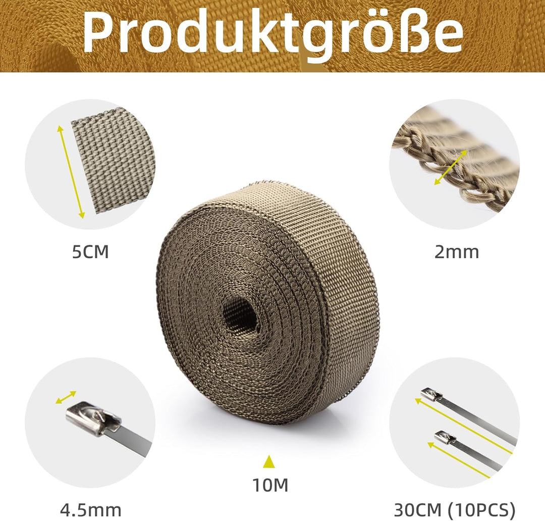 CARDI Auspuff Hitzeschutzband Titanium 5CMx10M Dicke 2MM Basaltfaser Auspuffband mit 10PCS Edelstahl